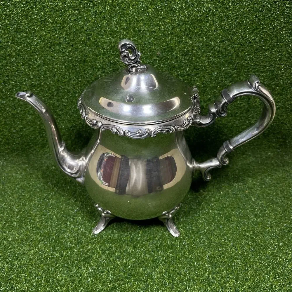 Vintage Wm Rogers Silverplate Footed Teapot Ornate Eagle Star Hinged Lid